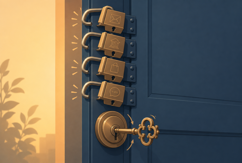 A single key unlocking several stacked locks, representing how password reuse opens multiple accounts at once