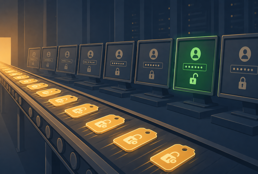 Leaked passwords being tested automatically across many login screens in a credential stuffing attack