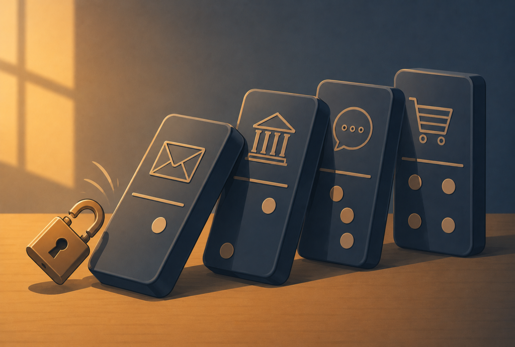 Falling dominoes labeled email, bank, and shopping showing the password reuse domino effect
