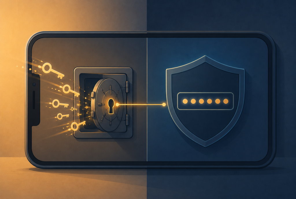 Phone screen showing a password manager vault next to a two factor authentication code