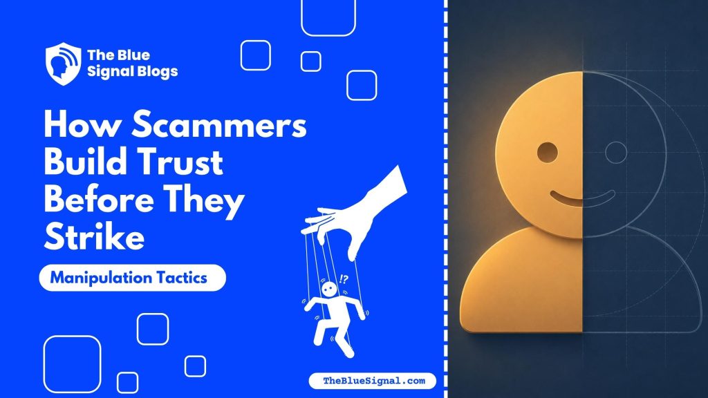 A profile icon split between a warm trustworthy face and a thin blueprint outline, representing manufactured trust before a scam