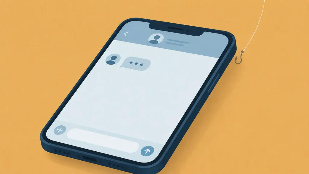 A smartphone with a simple incoming message and a barely visible fishing hook in the corner, showing how pig butchering scams begin with an innocent-looking text