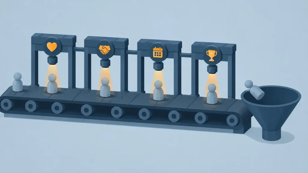 A conveyor belt moving a figure through warmth and trust stages before tipping it into a funnel, showing pig butchering as an industrial fraud operation