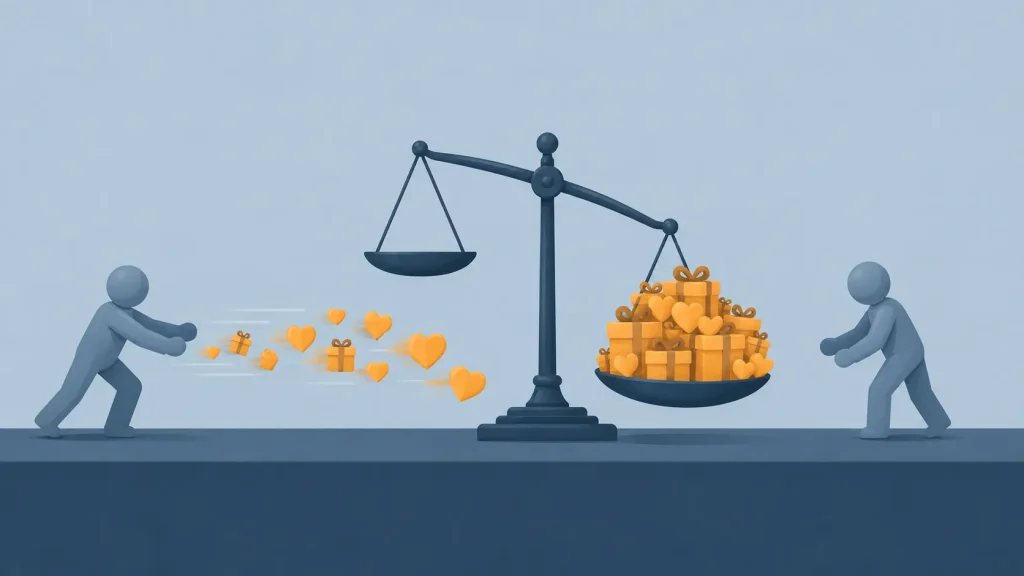 Balance scales tipping under the weight of gifts flowing from a scammer to a target, representing how the give-first tactic creates obligation in dating scams