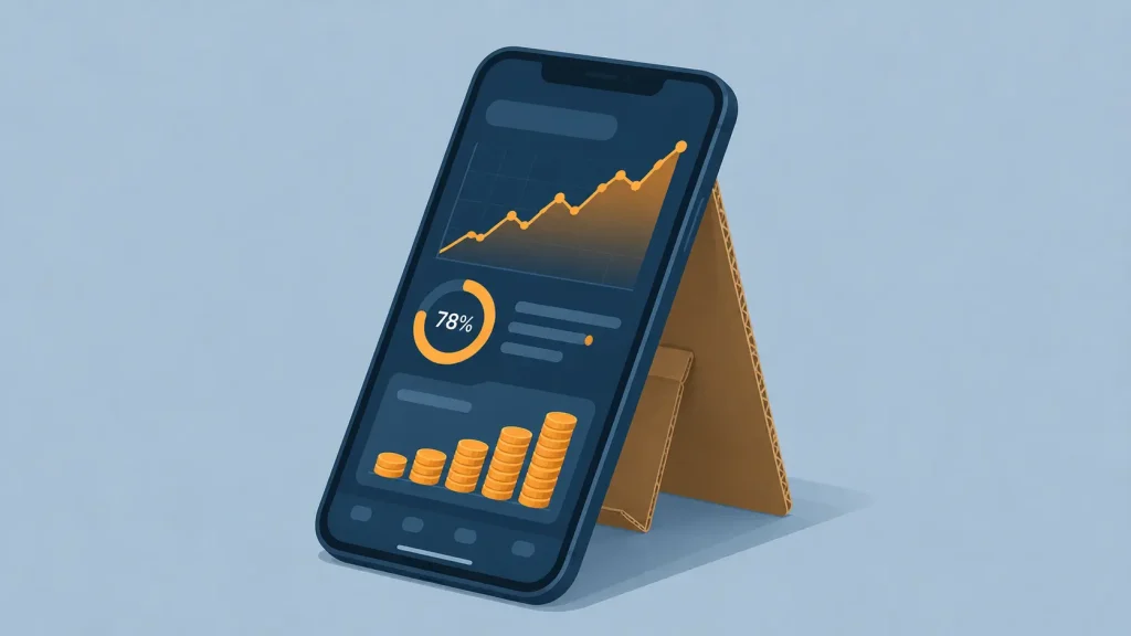 A smartphone showing a rising investment dashboard propped on a cardboard backing, revealing the fake investment platform used in pig butchering scams