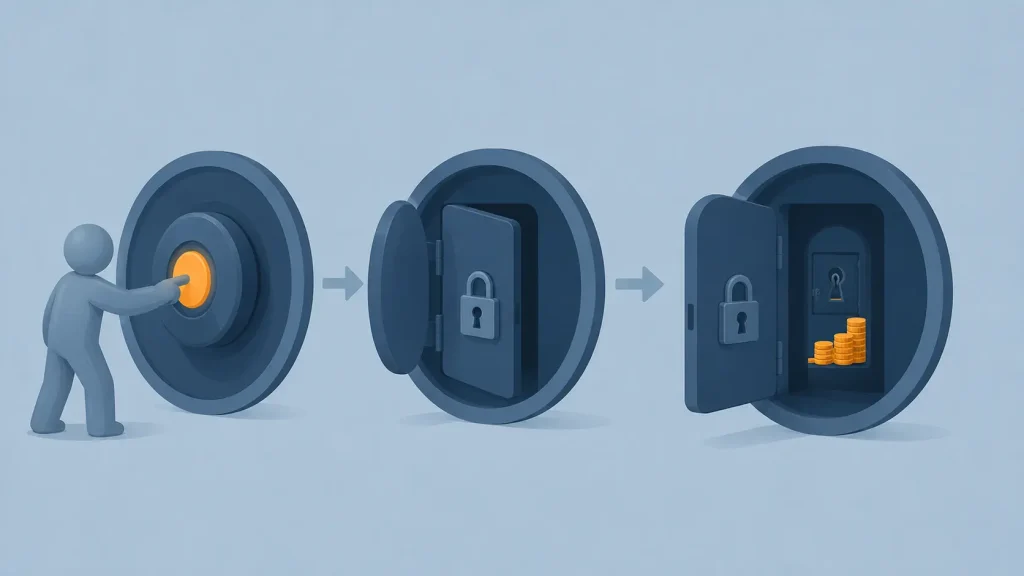 A figure pressing a withdrawal button that reveals locked doors hiding unreachable funds, showing the withdrawal trap in pig butchering investment scams