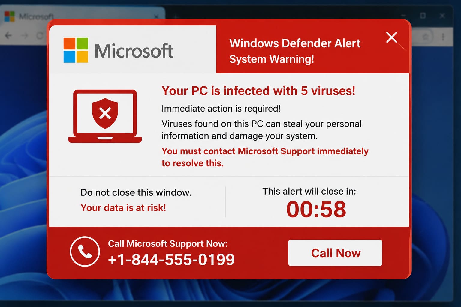 tech support scams fake popup copying real company