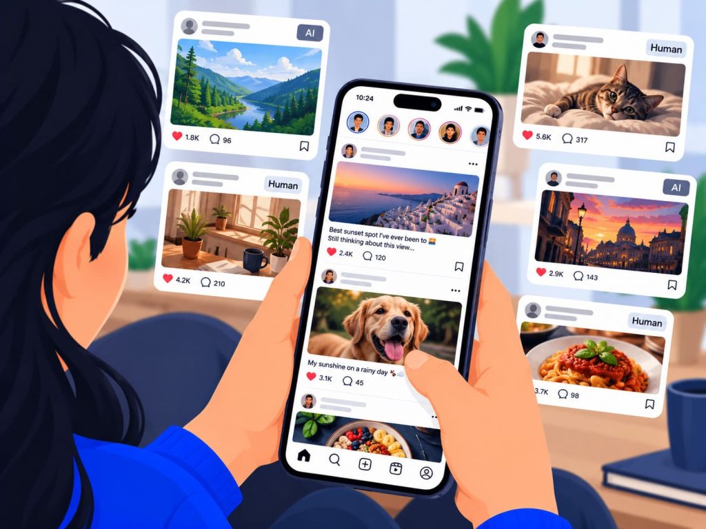 AI-generated content blending seamlessly into an ordinary social feed