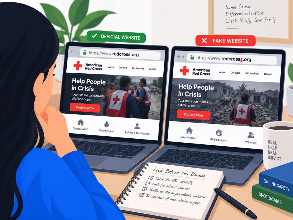 fake charity scam using a copycat domain name