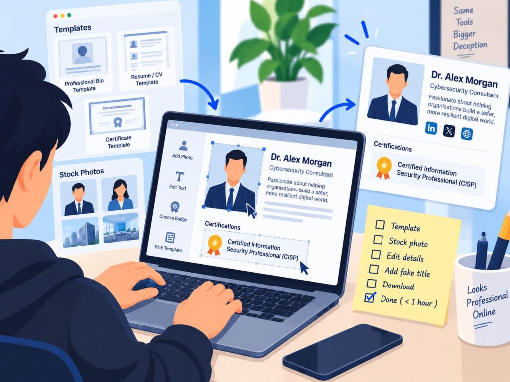fake credentials being constructed from templates and stock photography