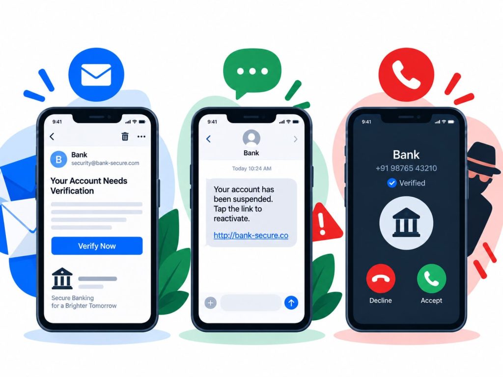 fake message phishing smishing and vishing shown as three delivery formats