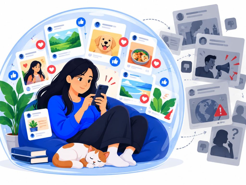 filter bubble narrowing a social media feed to agreeable content only